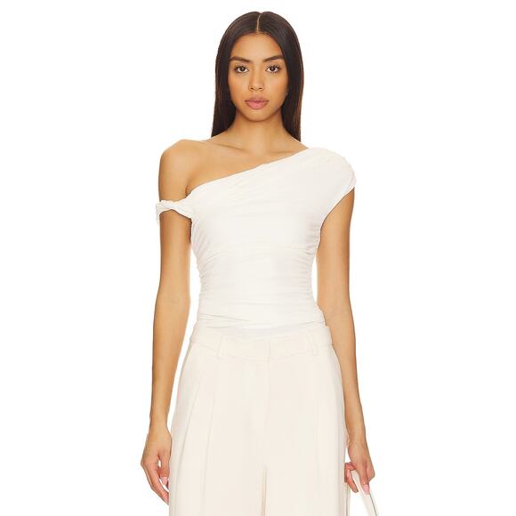 Misha Paison Off The Shoulder Top Ruched Jersey Minimalist Elegant Ivory Size S - Picture 1 of 8
